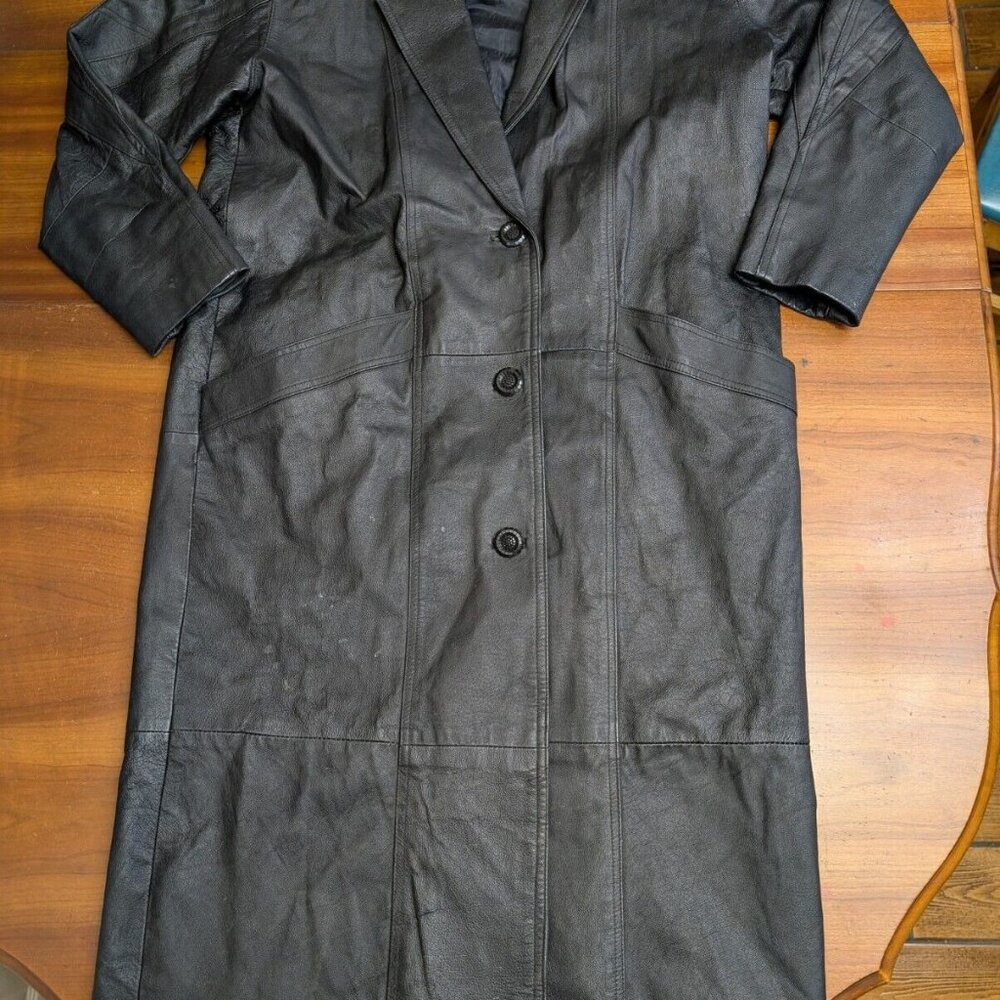 Vintage Leather Trench Coat Women L Black Marco Morani Full Length Button Up 90s